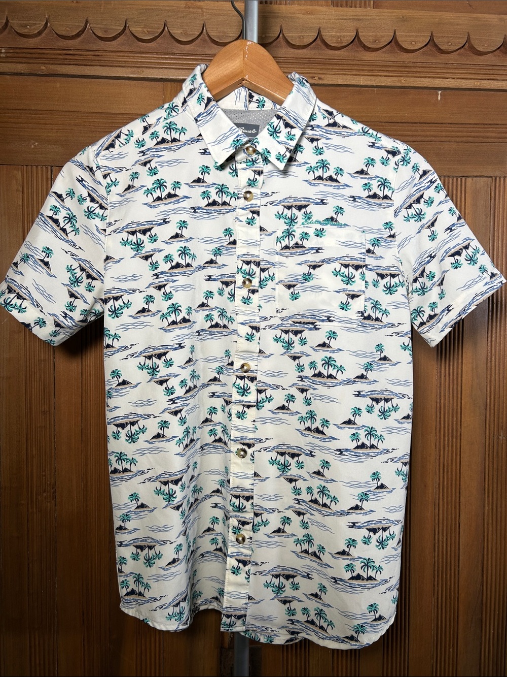 Eddie Bauer White Short-Sleeve Palm Print Button-Down Shirt Boys Size 14